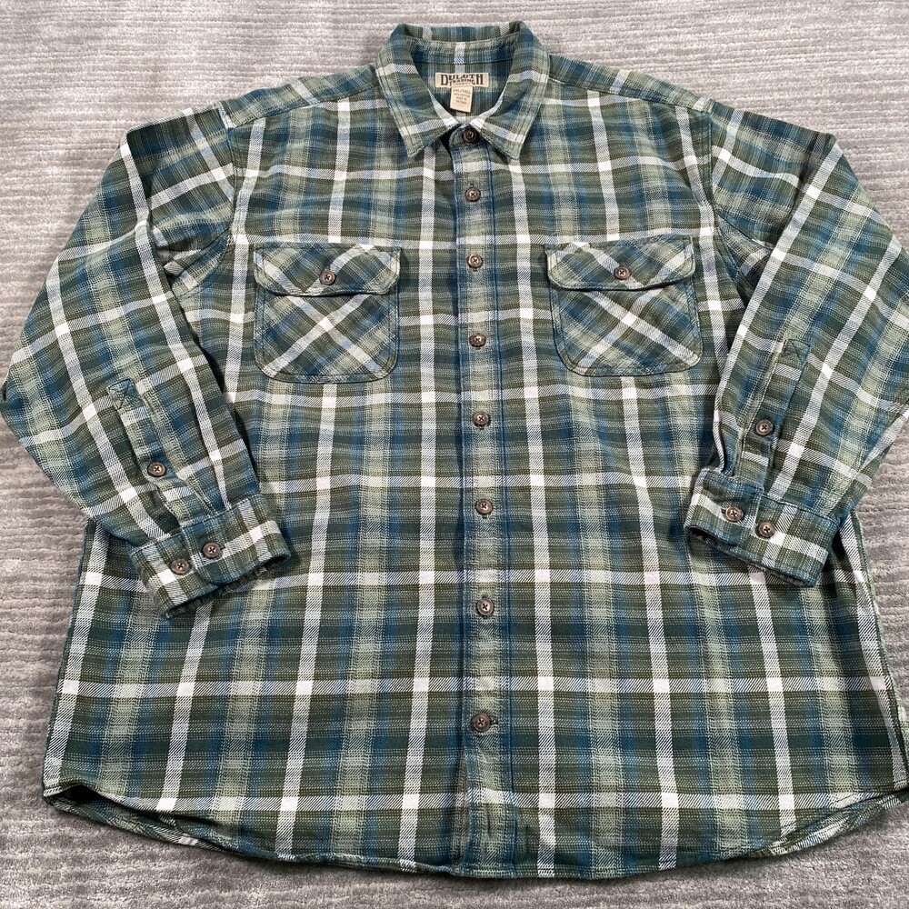 Duluth Trading Co Shirt Mens 2XLT Green Plaid Flannel Long Sleeve Button Front